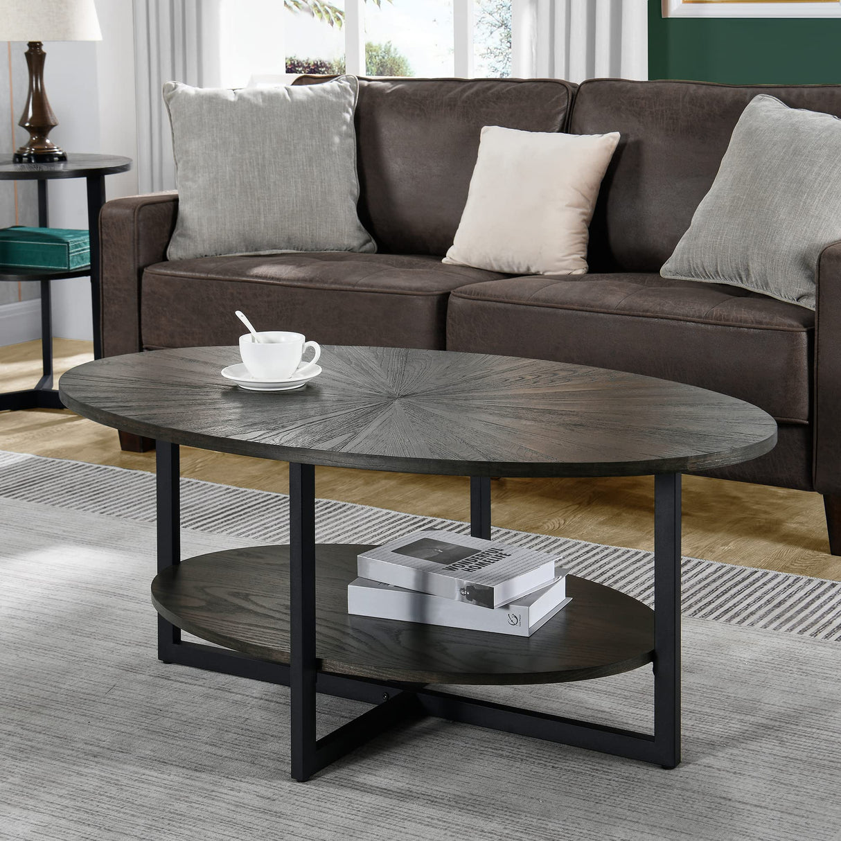 Oval Coffee Table with Storage Shelf, 43.3” Farmhouse Sofa Center Table