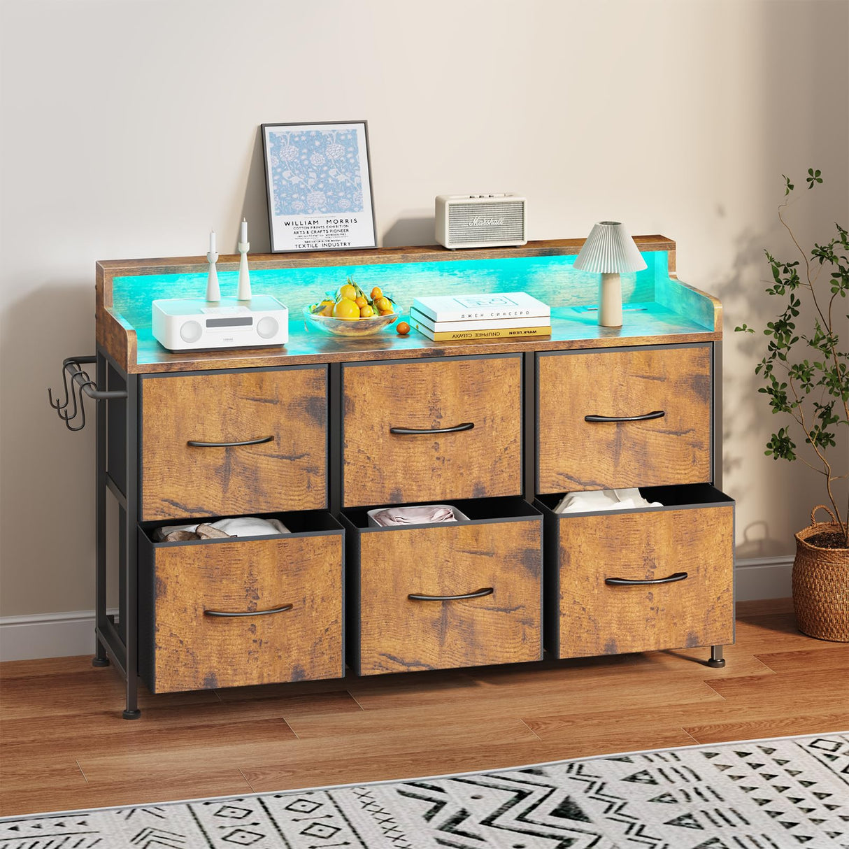 Dresser for Bedroom with 6 Drawers, LED TV Stand Dresser with Charging Station, Chest
