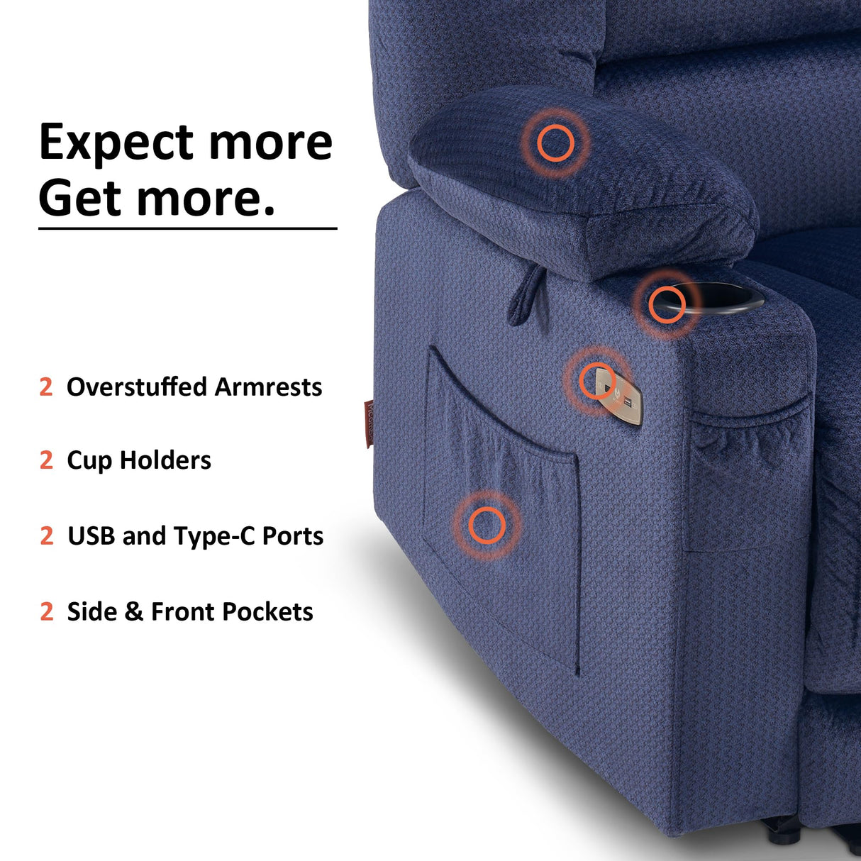 MCombo Electric Power Recliner Chair with Heat and Massage, USB Ports, Cup Holders, Powered Reclining for Living Room 6079 (Navy Blue Medium 22.2" Seat Width)