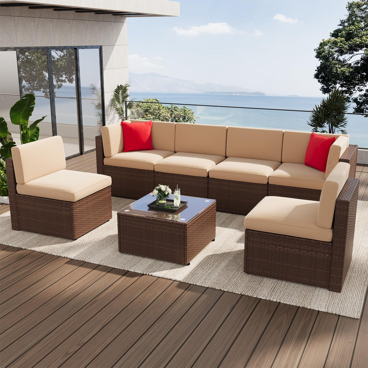 7-Piece Outdoor Patio Furniture Set – Compact Wicker Rattan Sectional Sofa