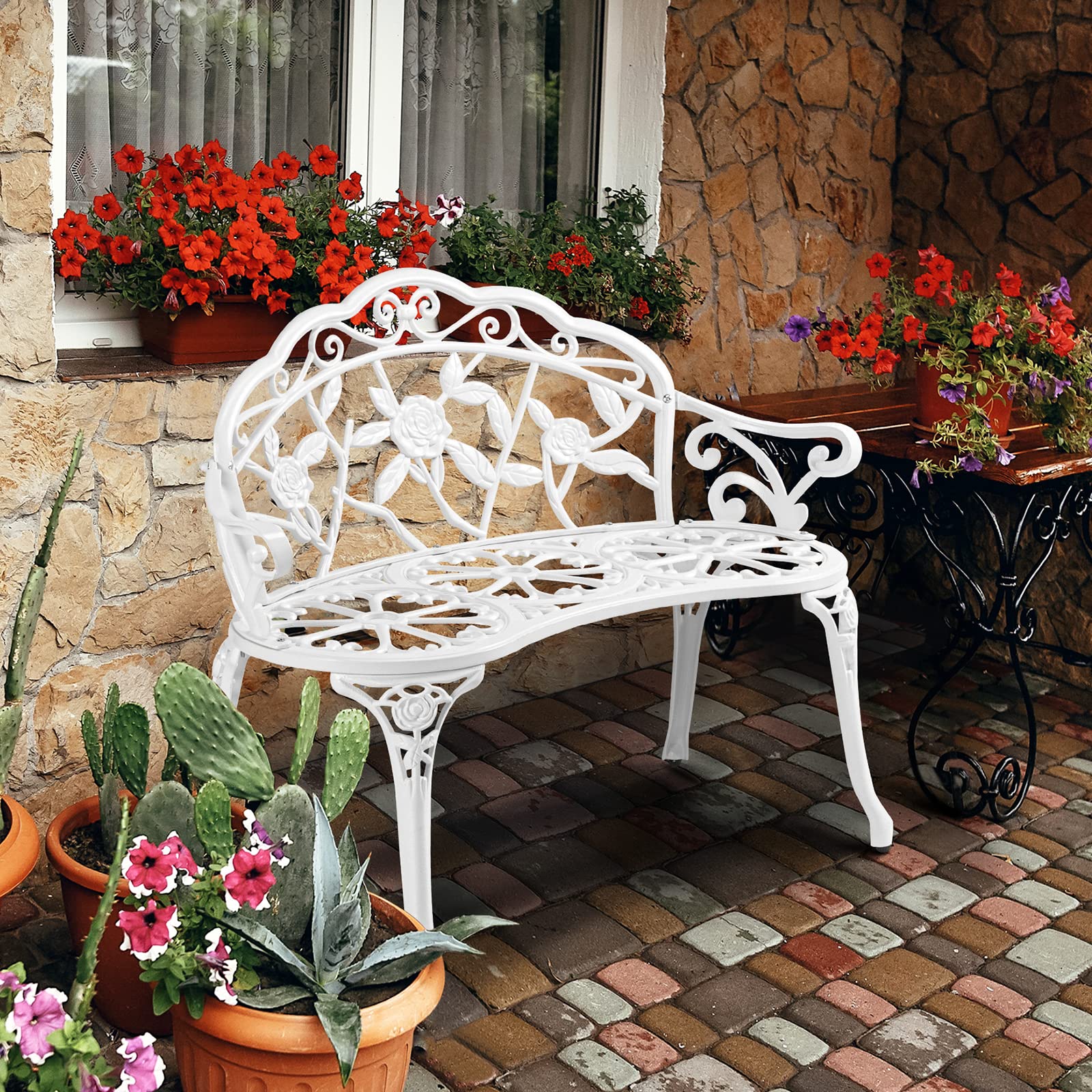 38.5" Patio Park Garden Outdoor Metal Rose Bench