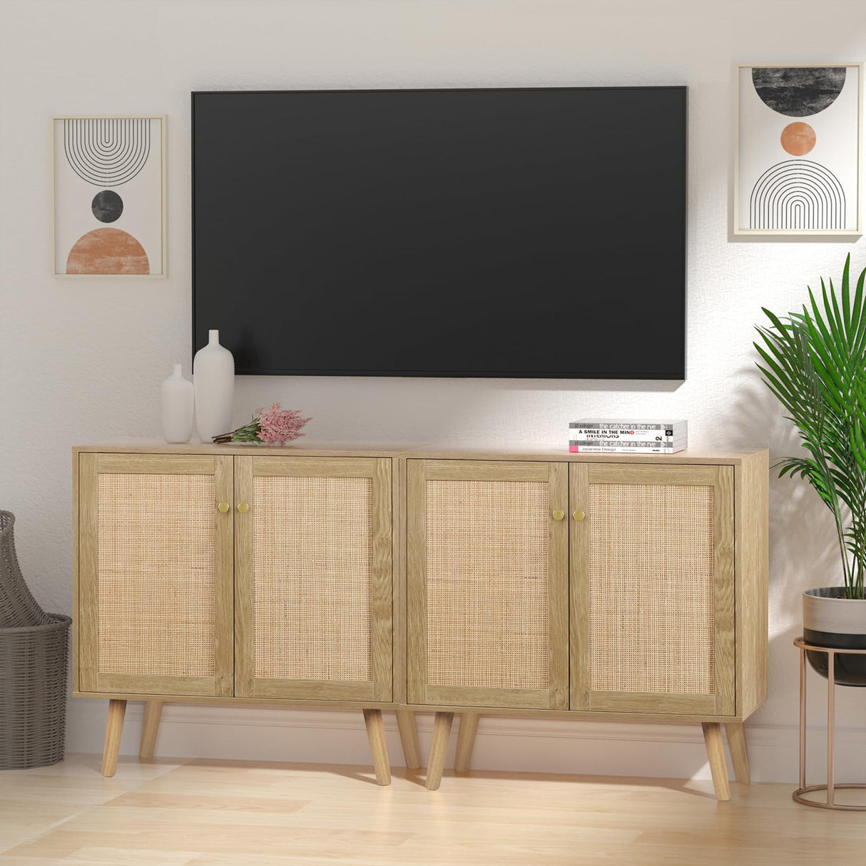 Rattan Cabinet, 2 Door Sideboard Buffet Cabinet with Adjustable Shelf