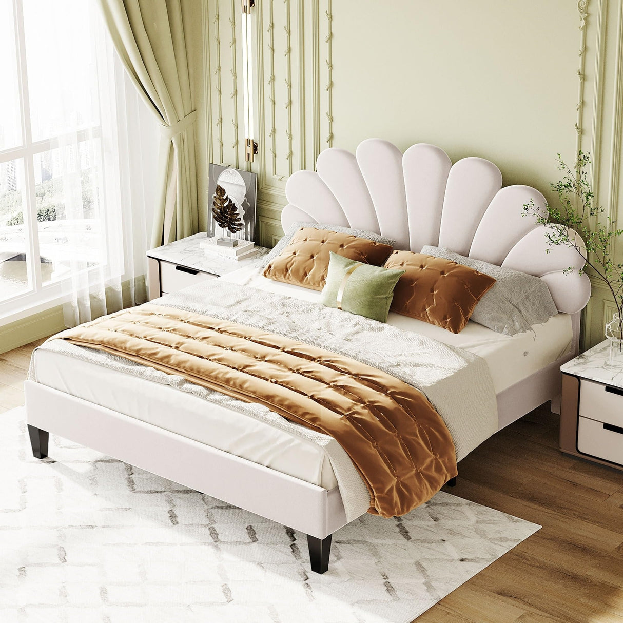 Queen Size Upholstered Platform Bed with Flower Pattern Velvet Headboard Beige