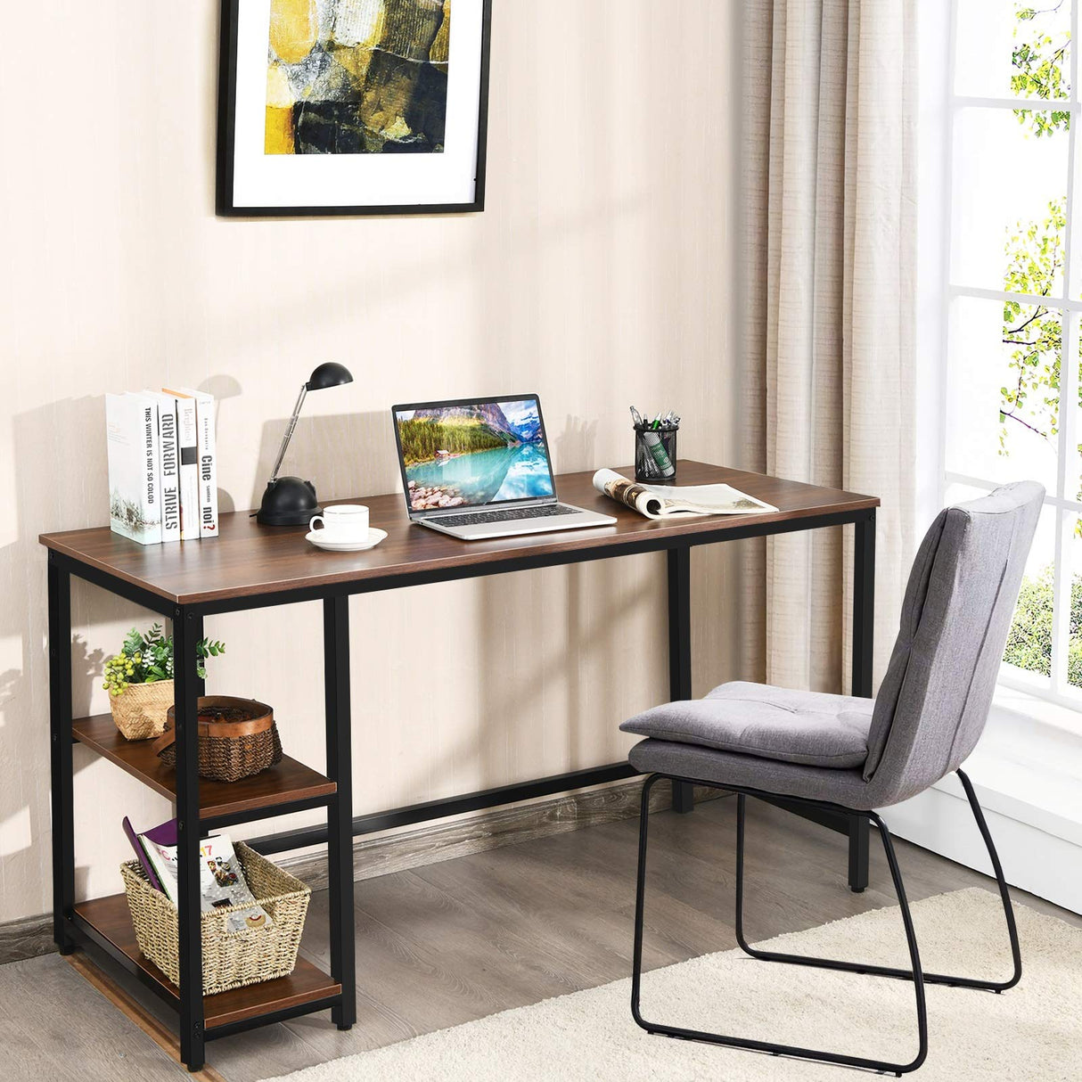 Home Office Computer Desk with 2 Storage Shelves, Industrial Study Writing Desk Workstation Laptop