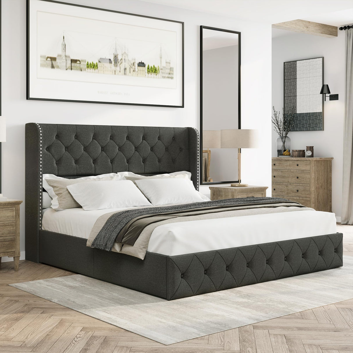 Bed Frame King Size Upholstered Platform Bed with Storage Drawers