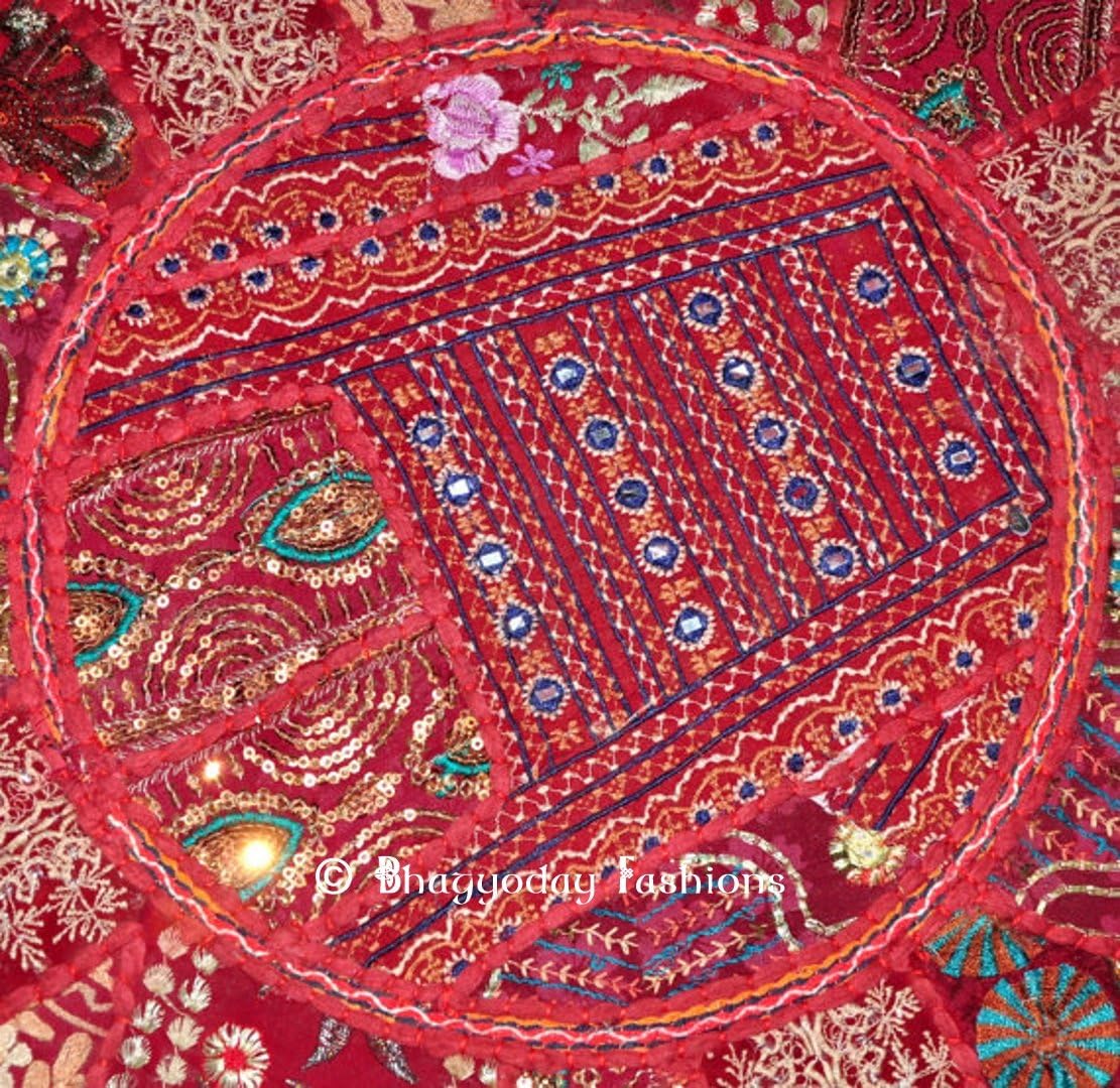 Round Ottoman Pouf, Cotton Handmade, 18x13 Inch. By Bhagyoday