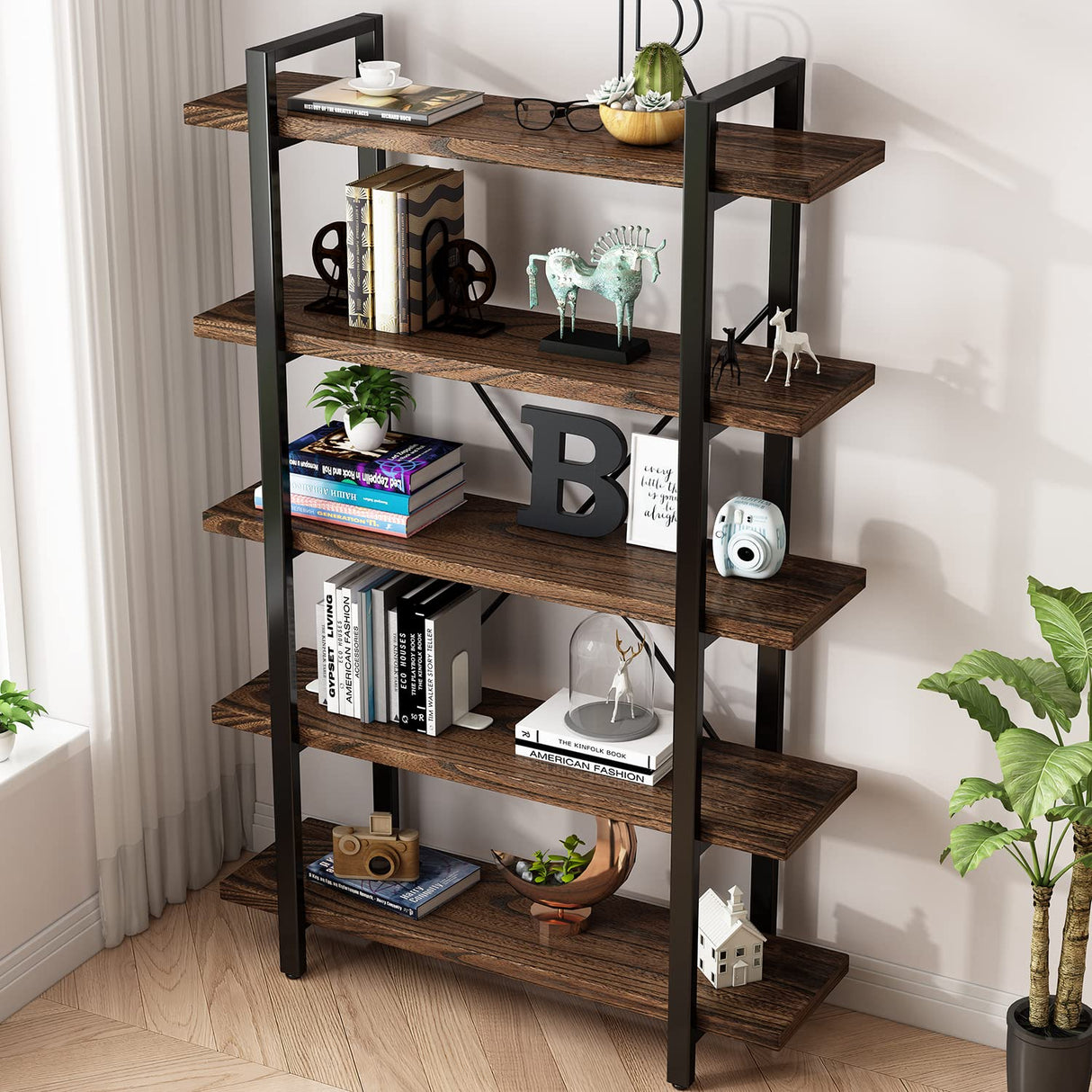 Industrial Style Solid Wood Bookcase and Book Shelves,Rustic Wood and Metal Shelving Unitļ¼ Living Room,Modern Rustic Open Industrial Book Shelf Office,Distressed Brown (AY-02-5Tier)