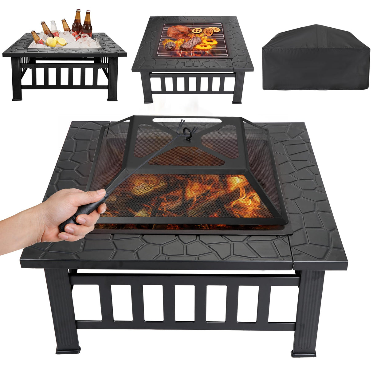 F2C 32 inch Outdoor Fire Pit Square Fireplace Metal Wood Burning Stove w/Waterproof Cover Poker, Patio Backyard Travel Camping BBQ Wood Burning - Bircata