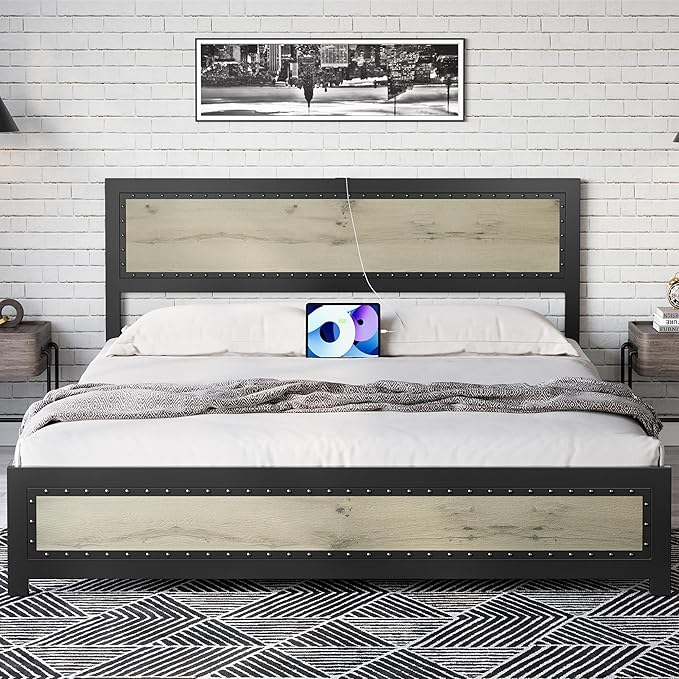 Full Size Bed Frame, Platform Bed Frame with Charging Station