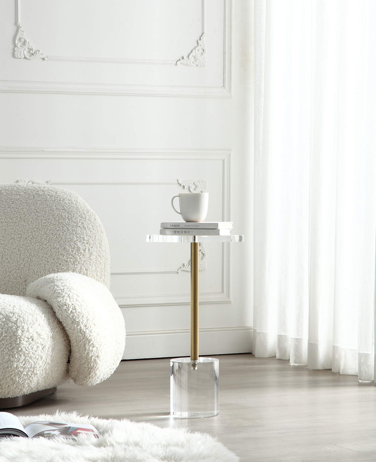 Clear Acrylic End Table,Side Table,Brushed Brass Metal,Round,for Office