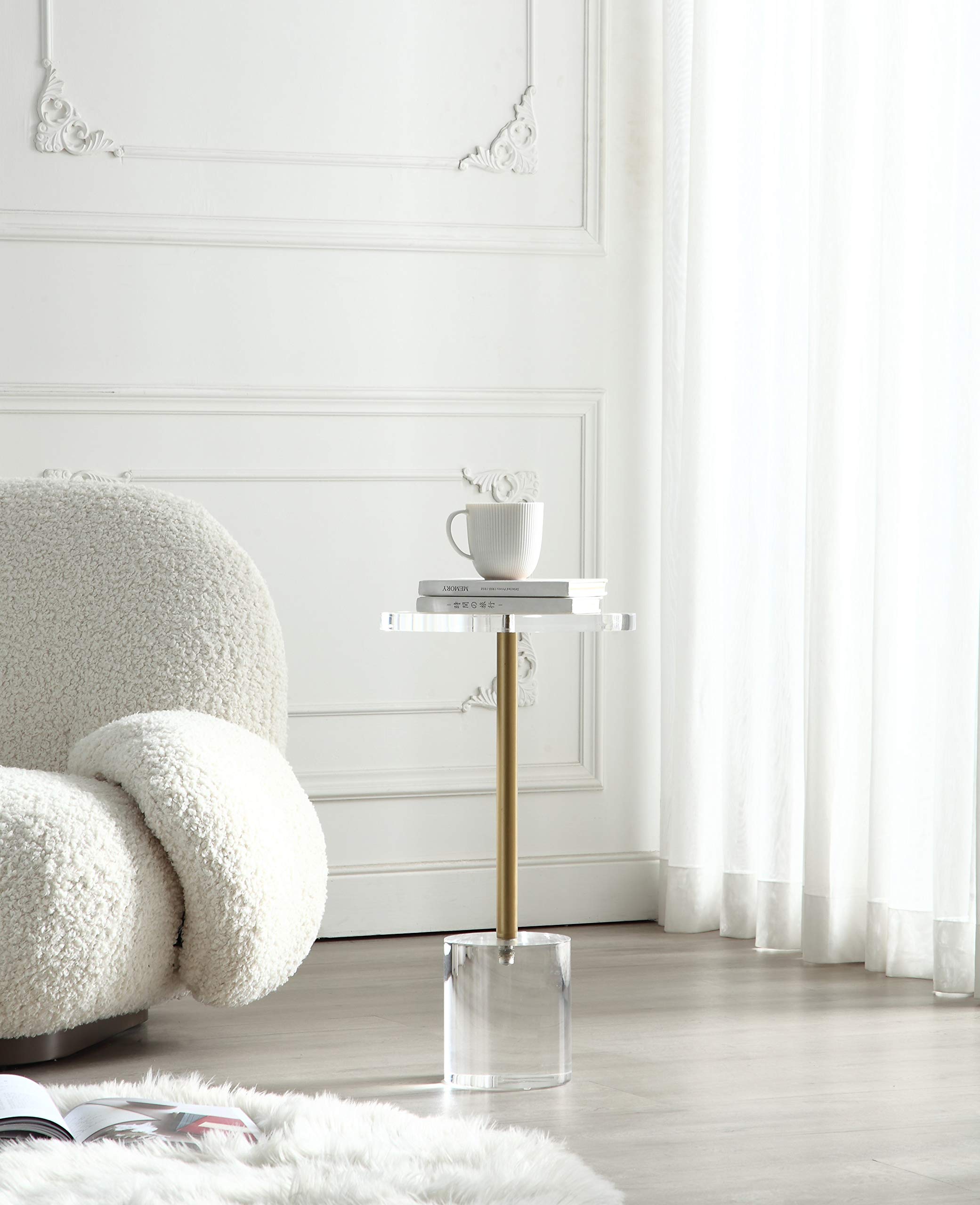 Clear Acrylic End Table,Side Table,Brushed Brass Metal,Round,for Office