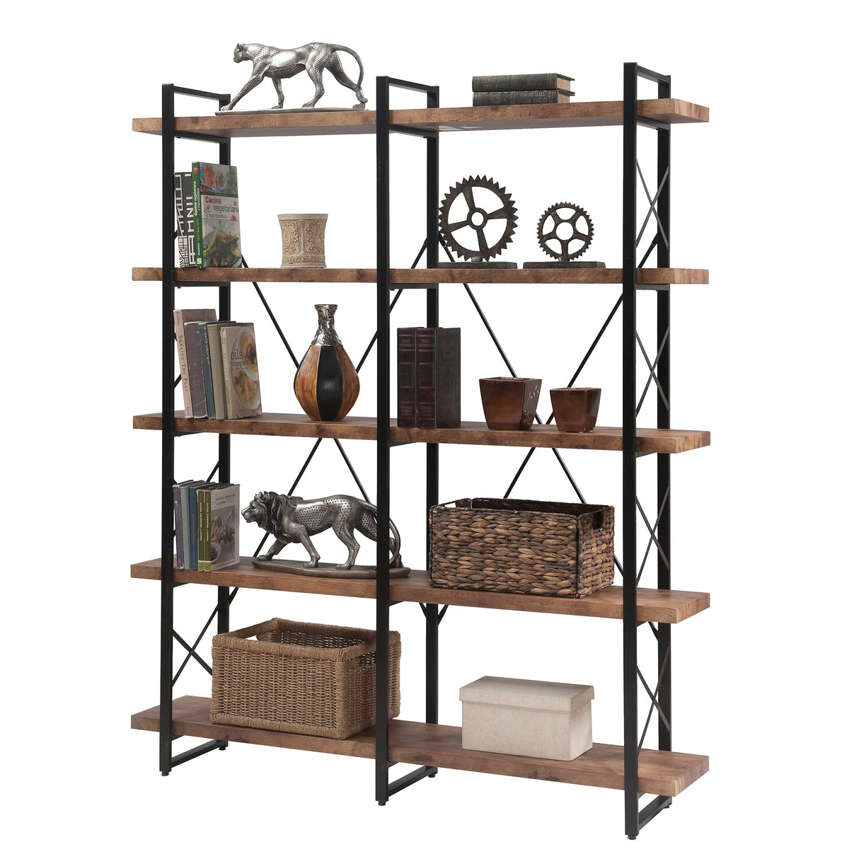5-Tier Bookcase, Tall Freestanding Wooden Bookshelf Industrial Style