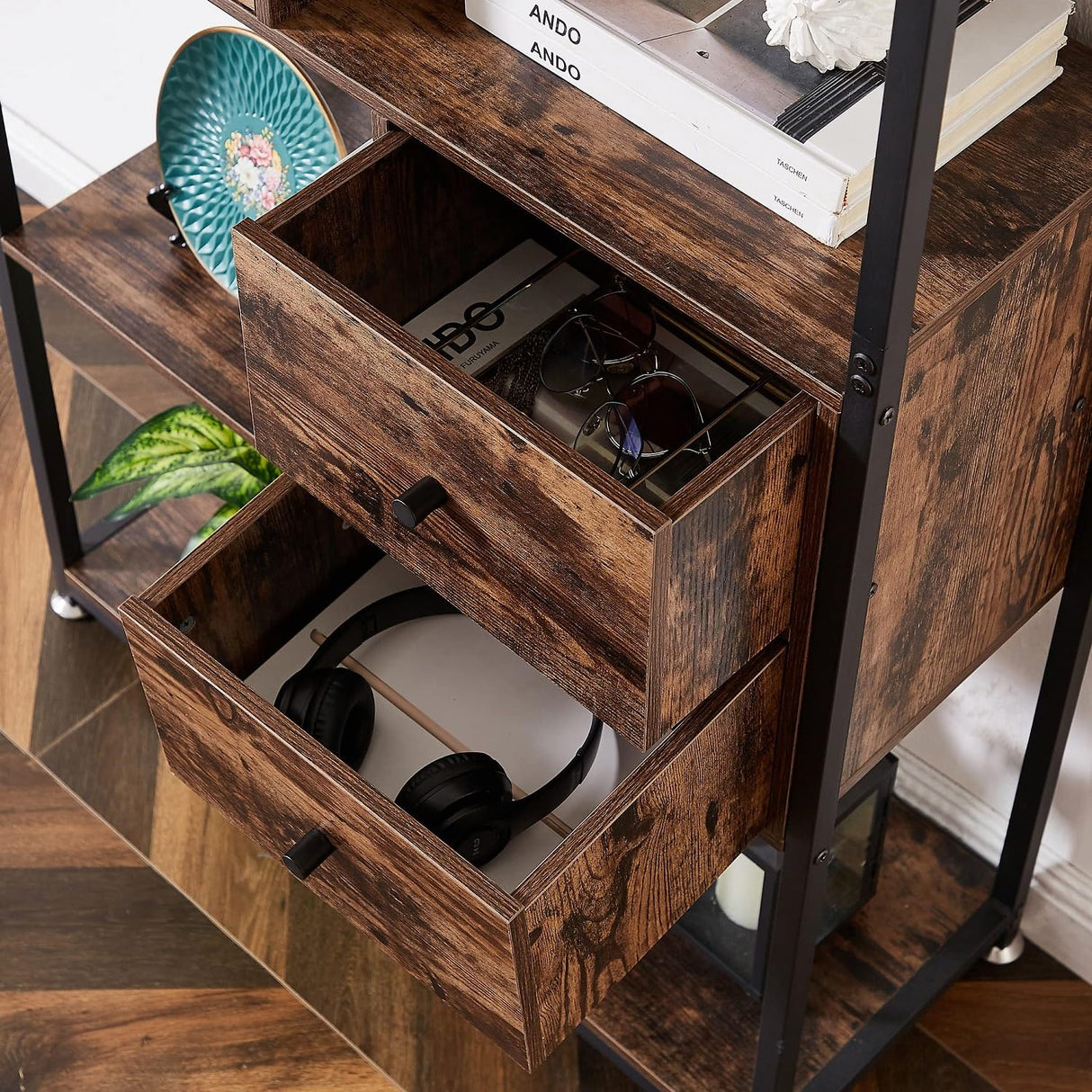 Bookshelf,4-Tier Book Shelves with 2 Storage Drawers and 1 Cabinet, Metal Frame Open BookcaseStanding Shelf Unit for Living Room, Home Office