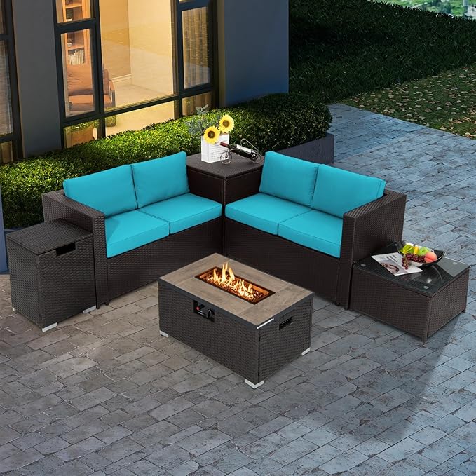 6 Pieces Patio Wicker Furniture Set with 32 Inches Propane Fire Pit Table and Tank Holder