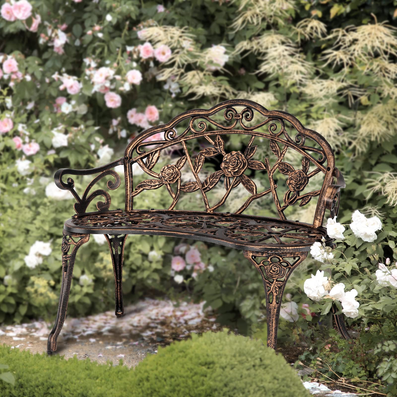 38.5" Patio Park Garden Outdoor Metal Rose Bench,Cast Iron Cast Aluminium Frame Antique Finish Chair
