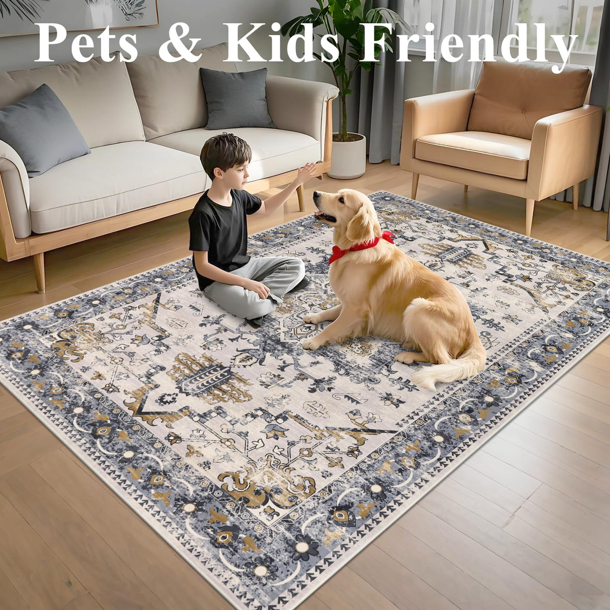 Washable Area Rug 6x9 - Non-Slip Boho Vintage Distressed Low Pile Carpet