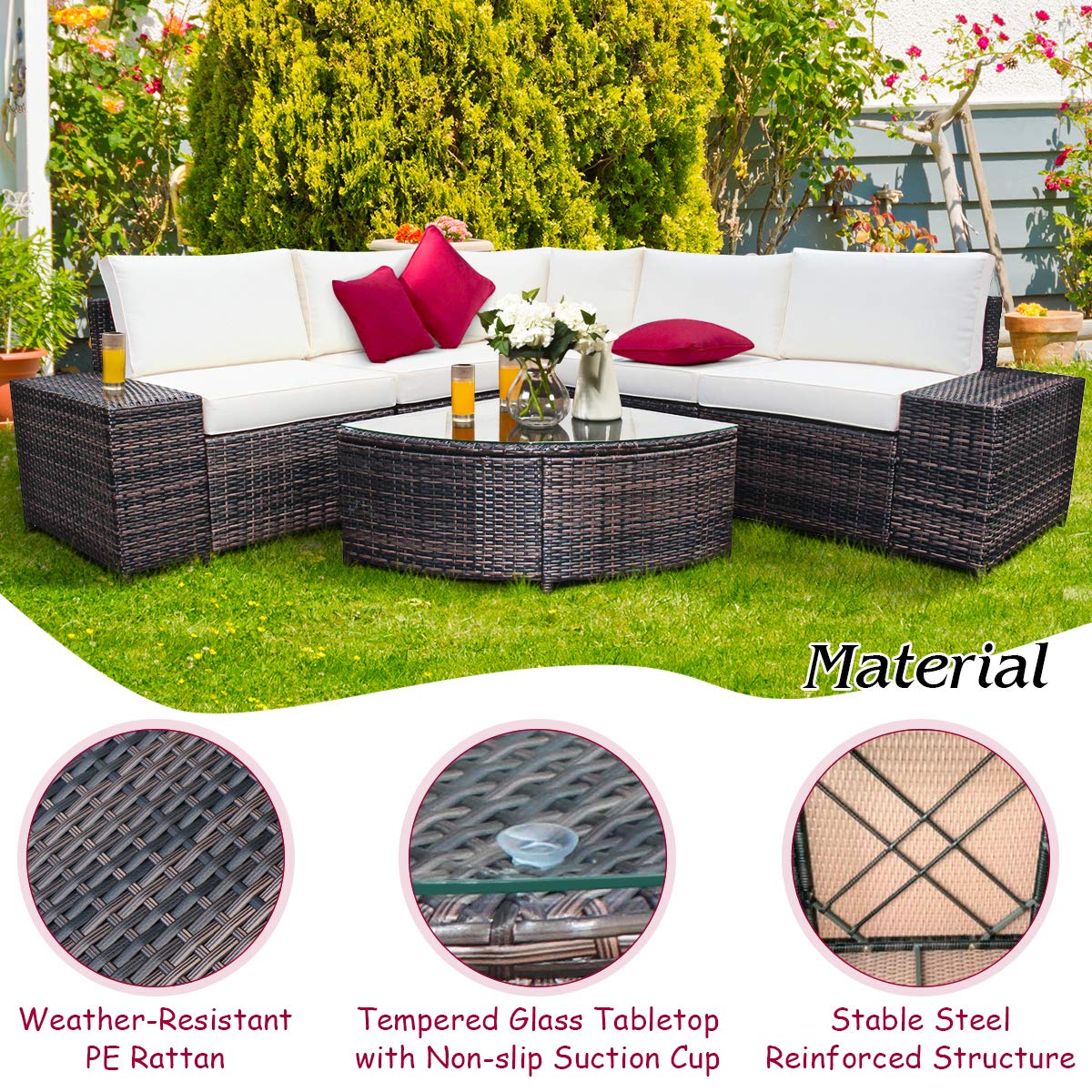 Tangkula 6 Piece Wicker Patio Furniture Set, Outdoor All Weather PE Rattan Conversation Set w/Tempered Glass Coffee Table, Sectional Sofa Set w/Comfortable Cushions for Backyard, Garden (White)