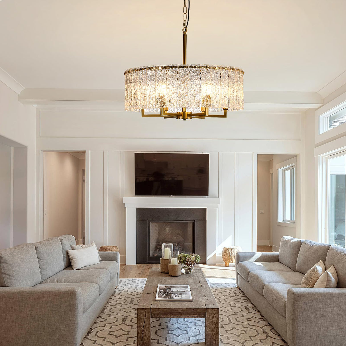 SHBEILOU Modern Chandelier,Luxury Large Chandeliers for Dining Room 23.62”Gold Crystal Chandeliers Handmade Water Ripple Glass Hanging Flush Mount Chandelier for Bedroom,Living Rooms,Entryways,Foyers