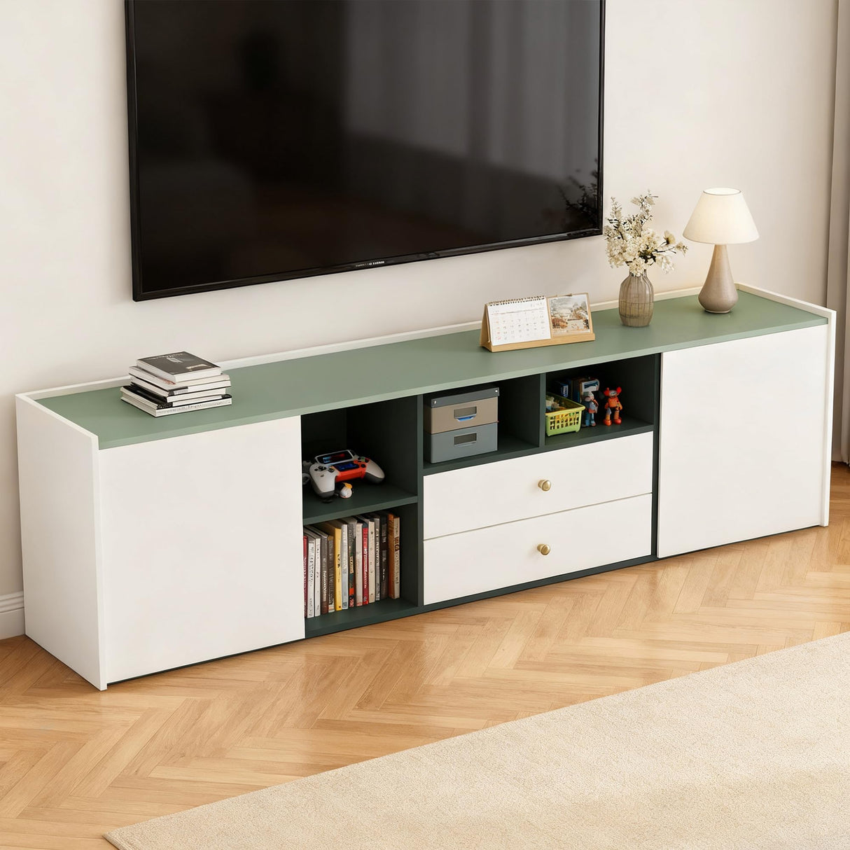 78.74" Modern TV Stand with Storage - Green & White Entertainment Center