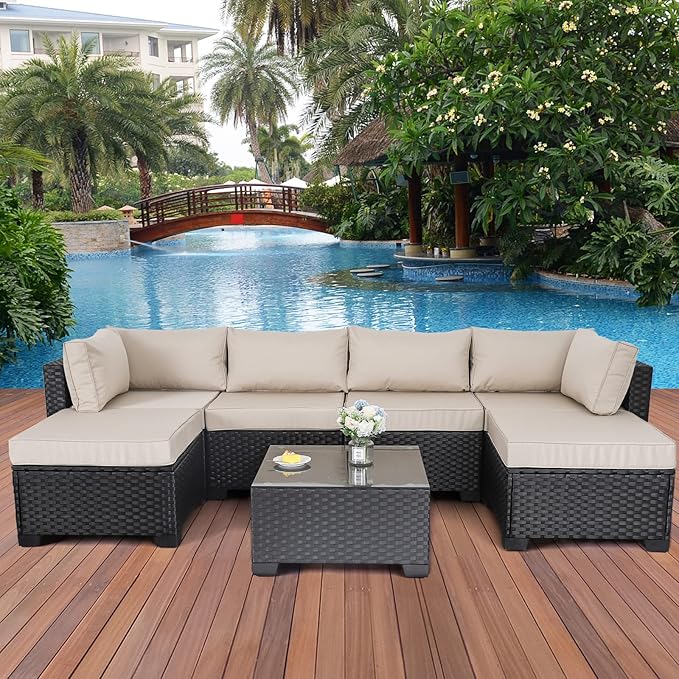 7 Pieces Outdoor PE Wicker Furniture Set Patio Rattan Sectional Conversation Sofa Set