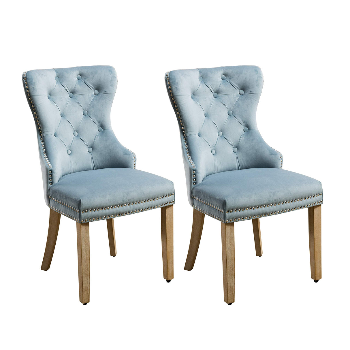 Blue Velvet Upholstered Dining Chairs with Nailhead Trim - Set of 2