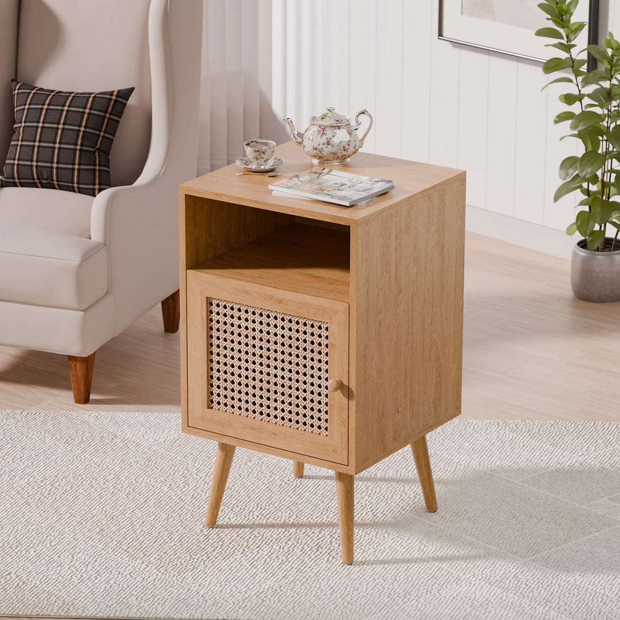 Rattan Nightstand Set of 2,Boho Side Table