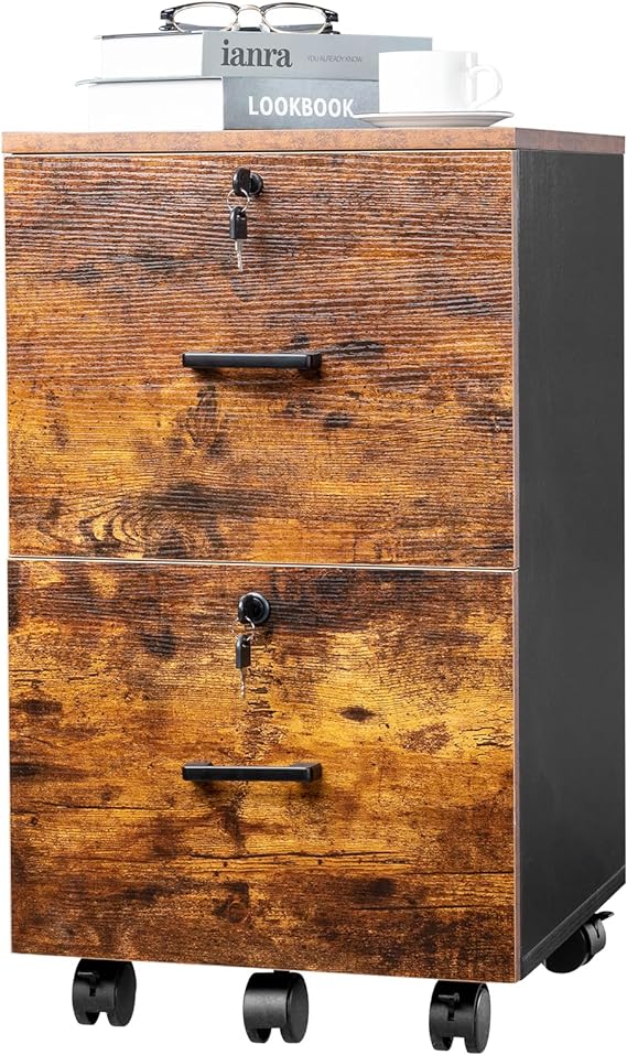 2 Drawer File Cabinet with Lock, Wood Rustic Gray File Cabinet