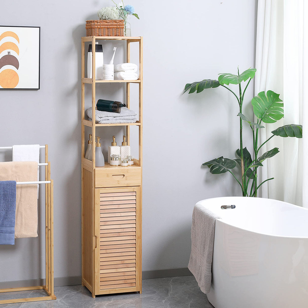 Tall Bathroom Cabinet with Drawer and Slatted Shelves