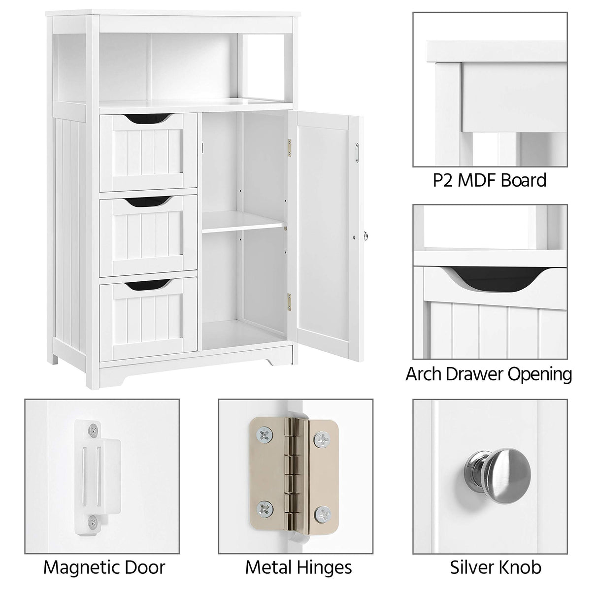 Bathroom Floor Cabinet Wooden Storage Organizer with 1 Door and 3 Drawers, Free-Standing Cupboard