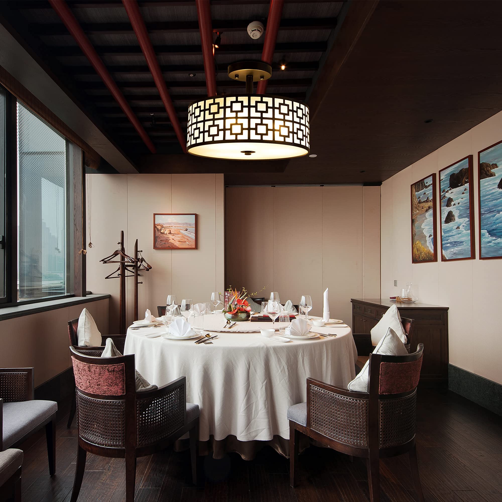 Semi Flush Mount Ceiling Light, Double Drum Shade Close to Ceiling Light Fixture Chandelier