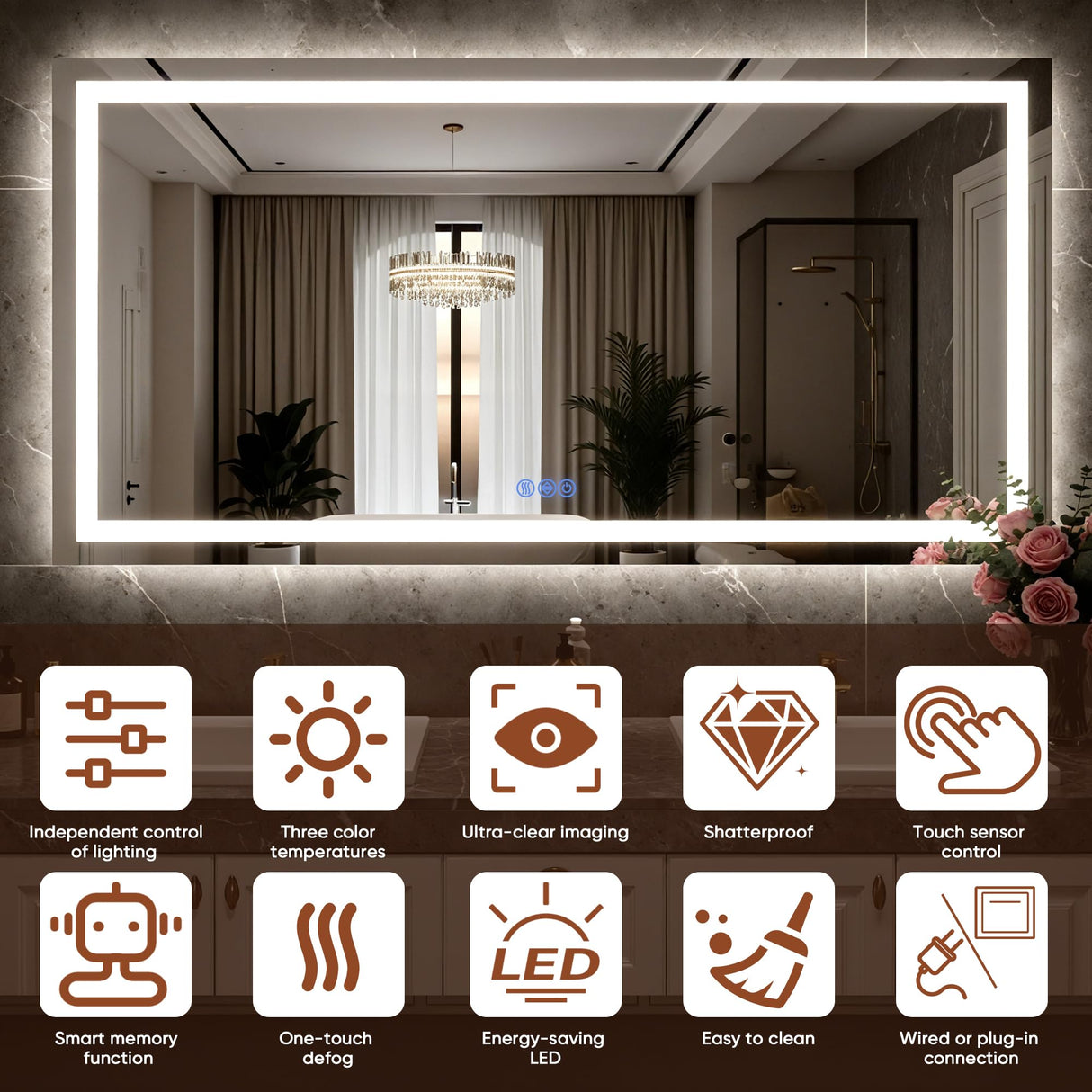 40x30 LED Bathroom Mirror - Wall Mounted with Dimmable Front & Backlit