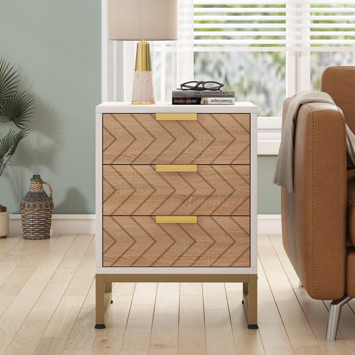 3 Drawers Nightstand Set of 2, Modern Bedside Table with Unique Chevron Design
