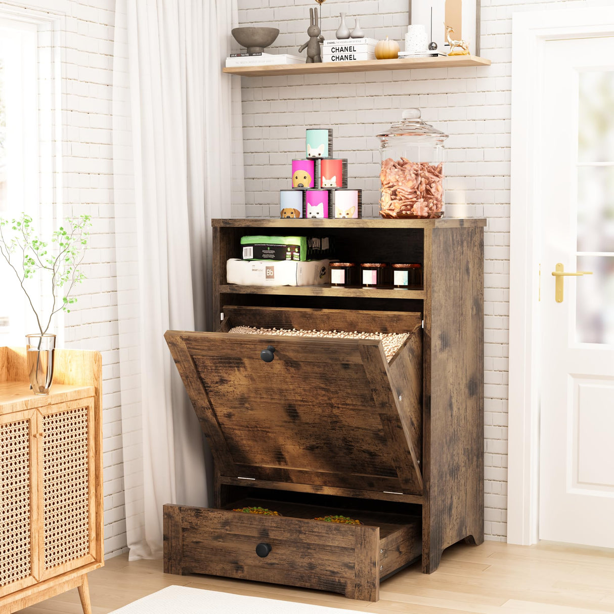 Dog Feeding Station with Storage & 2 Raised Bowls