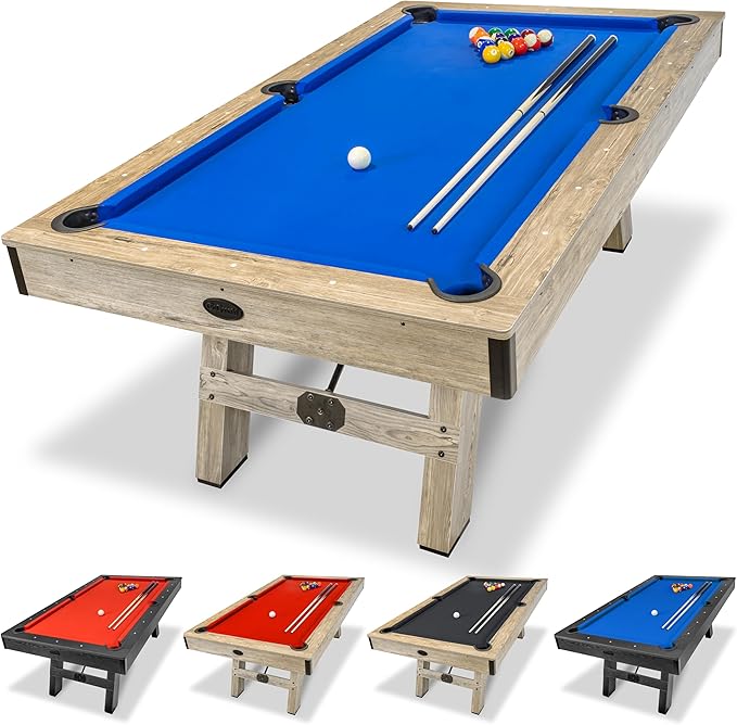 7 ft Pool Table with Wood Finish - Modern Billiards Table with 2 Cue Sticks, Balls, Rack