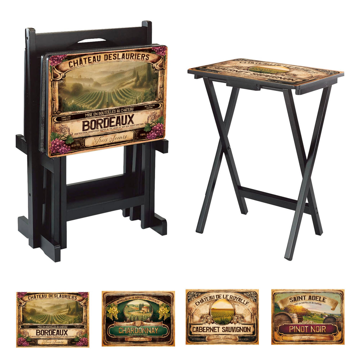Wine Label Classic TV Trays Table | Set of 4 | Rectangular Folding Couch Trays