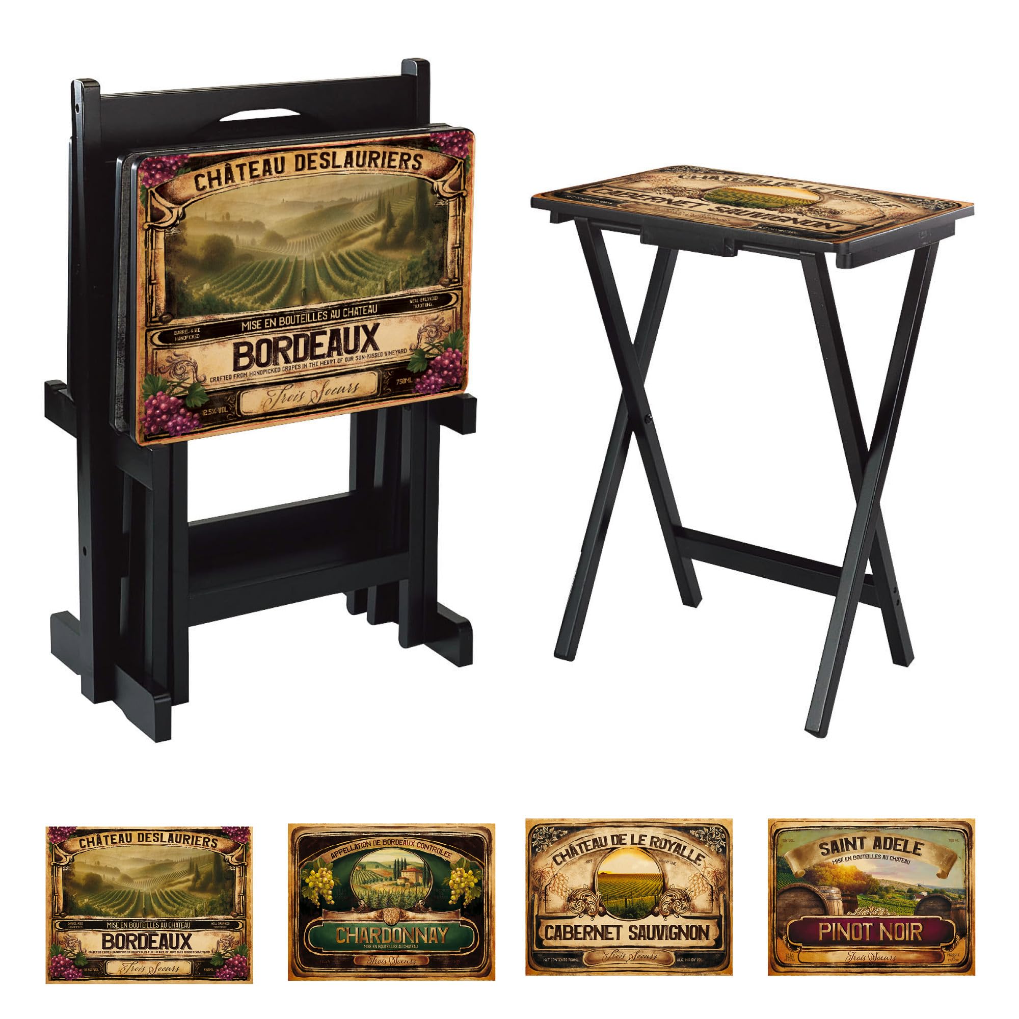 Wine Label Classic TV Trays Table | Set of 4 | Rectangular Folding Couch Trays