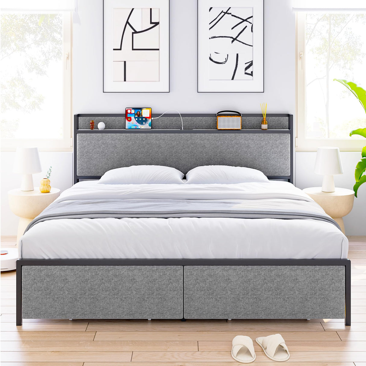 King Size Bed Frame with 2 Drawers and Shelf Headboard, Charging Station