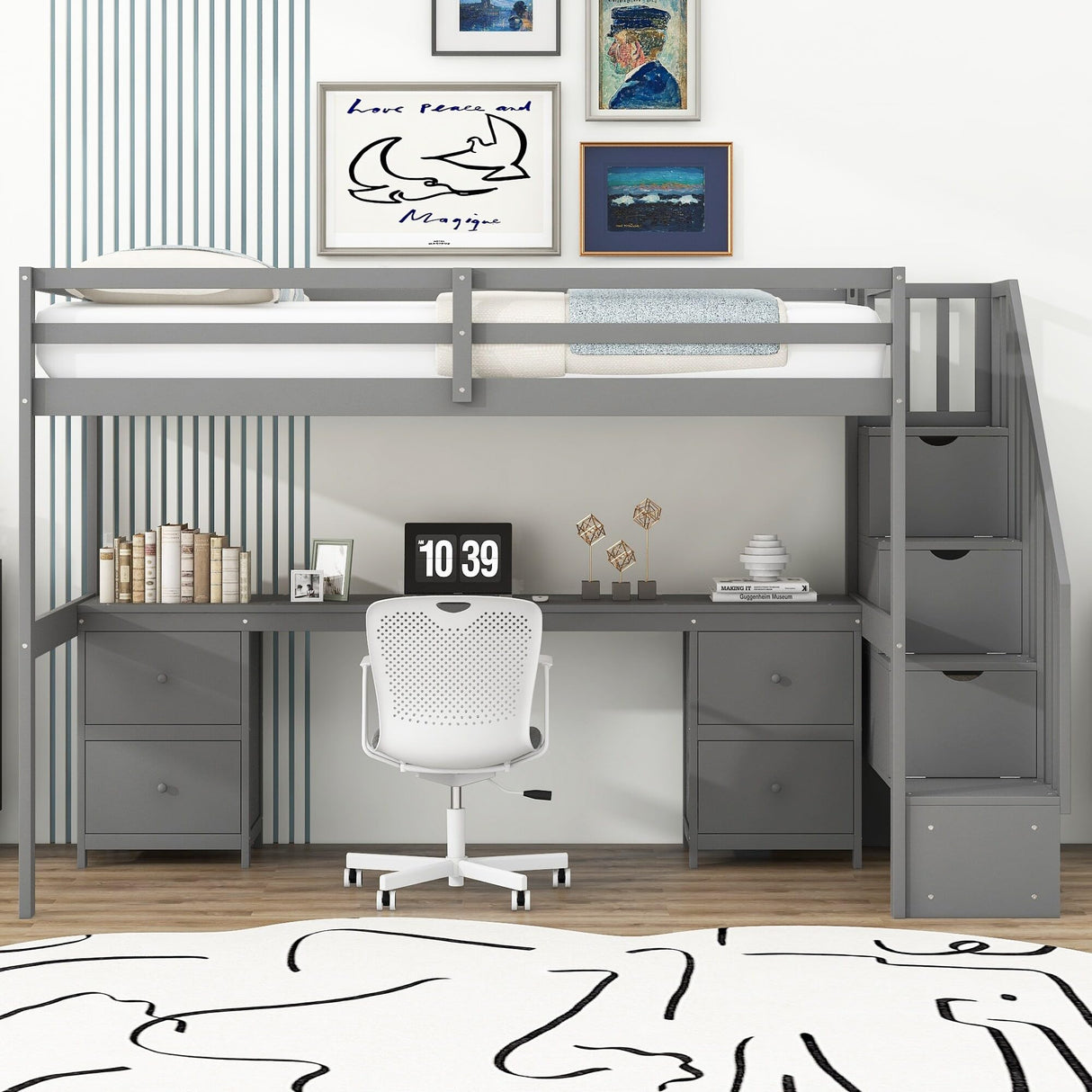 Twin Size Loft Bed Frame with Built-in Desk and Double Storage Drawers