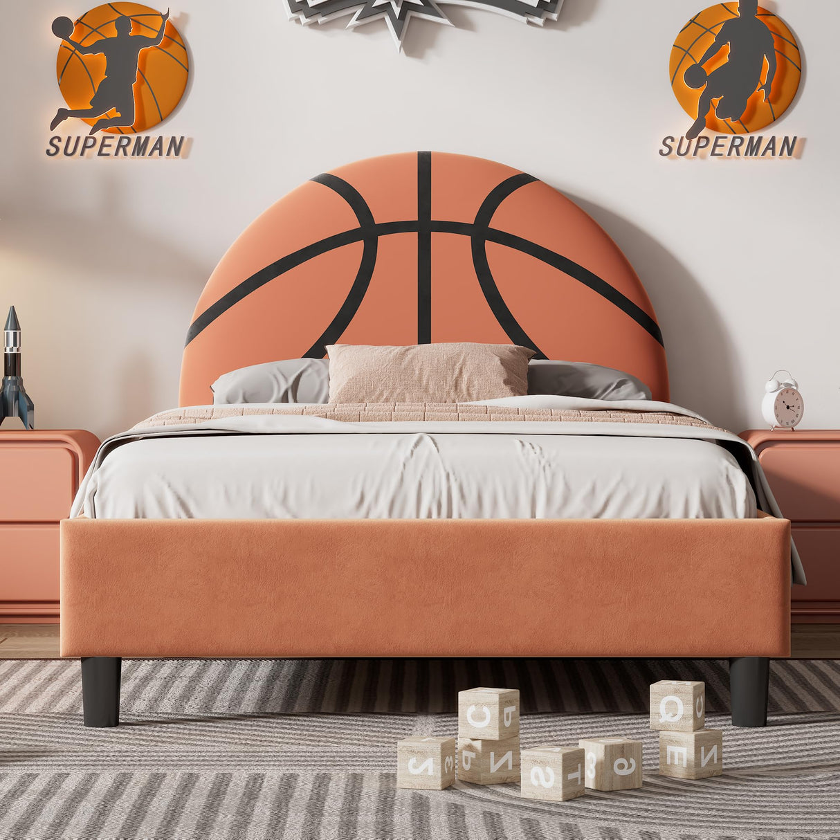Merax Basketball Design Velvet Upholstered Platform Bed for Boys, Girls, Teens, Twin Metal Platform Bed Frame for Bedroom, Children's Room, Solid Wooden Slat Support, No Box Spring Needed, Orange