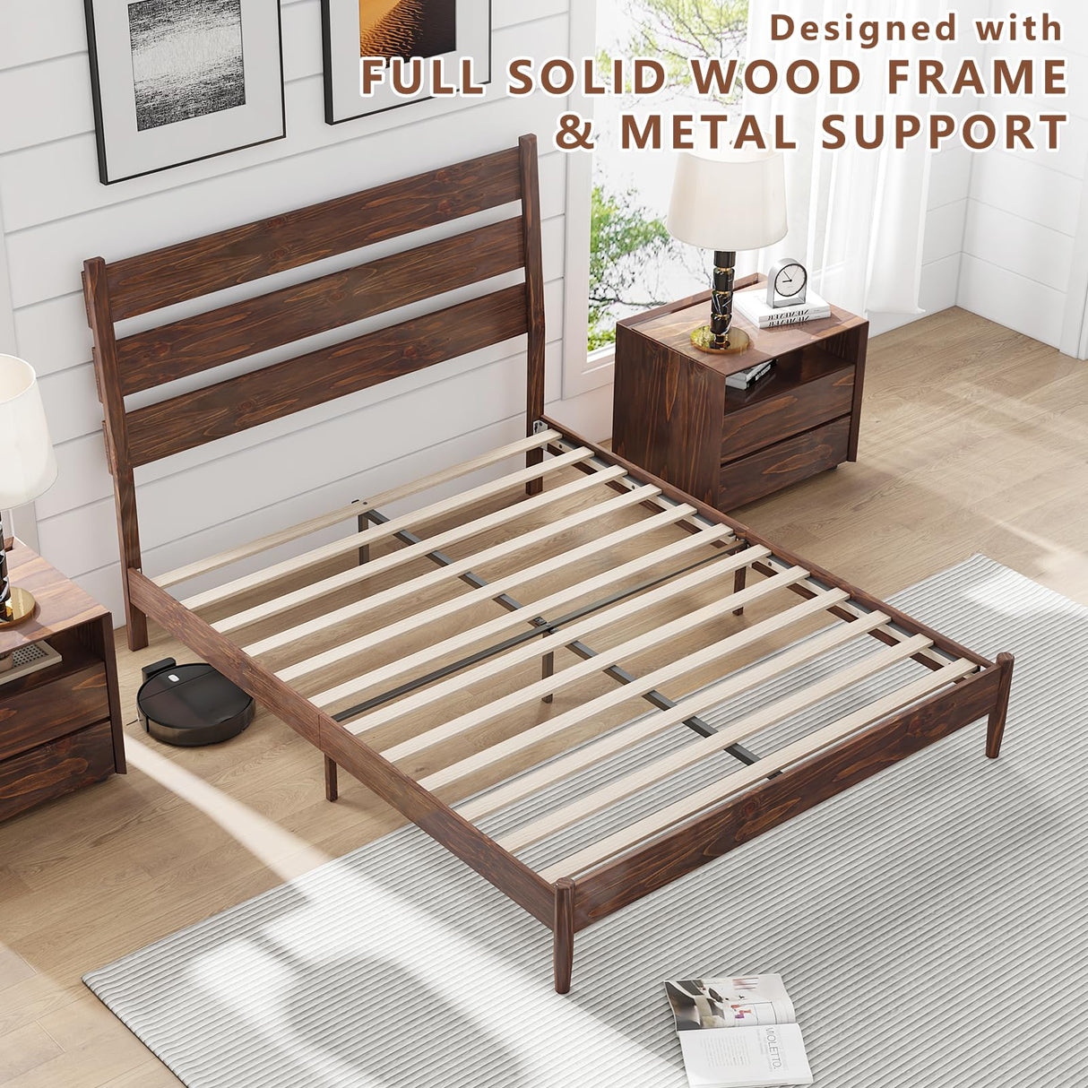 Solid Wood Bed Frame with Ergonomic Headboard, Full Size Mid Century Wooden