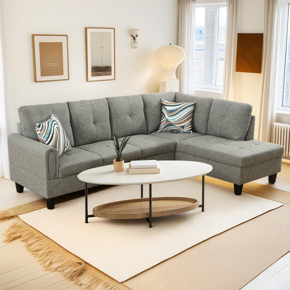 Couch 2 Pieces Sofa with Right Chaise Linen L Shaped Cloud Couch for Living Room