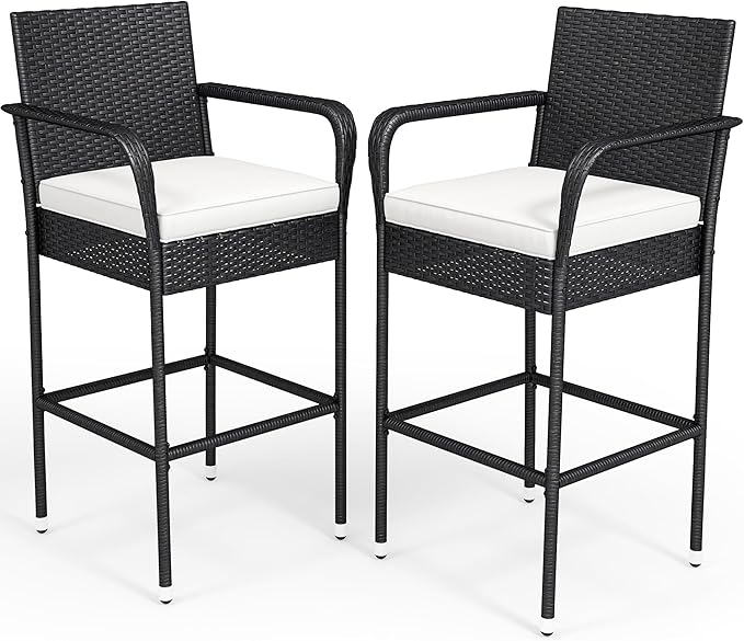 Outdoor Wicker Bar Stools Set of 2, Patio Wicker Counter Stools with Armrest & Backrest