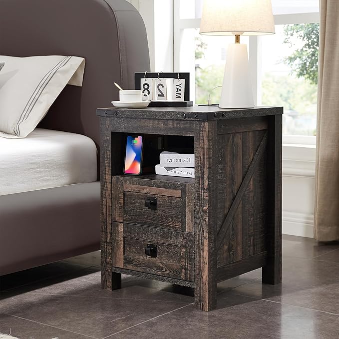 Farmhouse Nightstand with Charging Station, Rustic 18 Inch End Table with 2 Storage