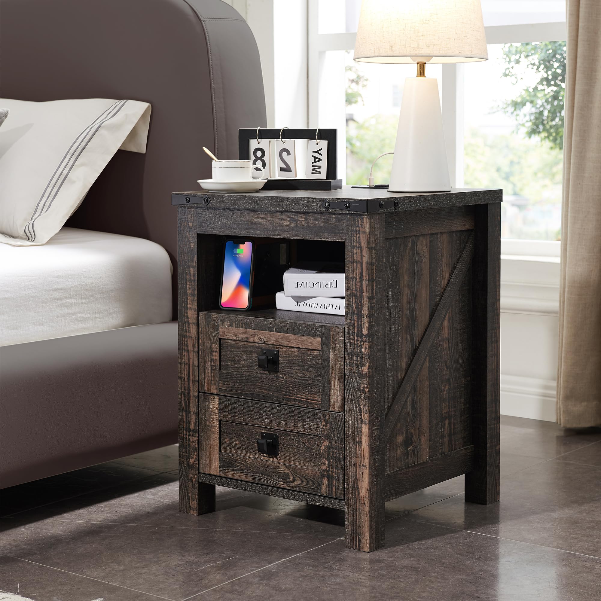 Farmhouse Nightstand with Charging Station