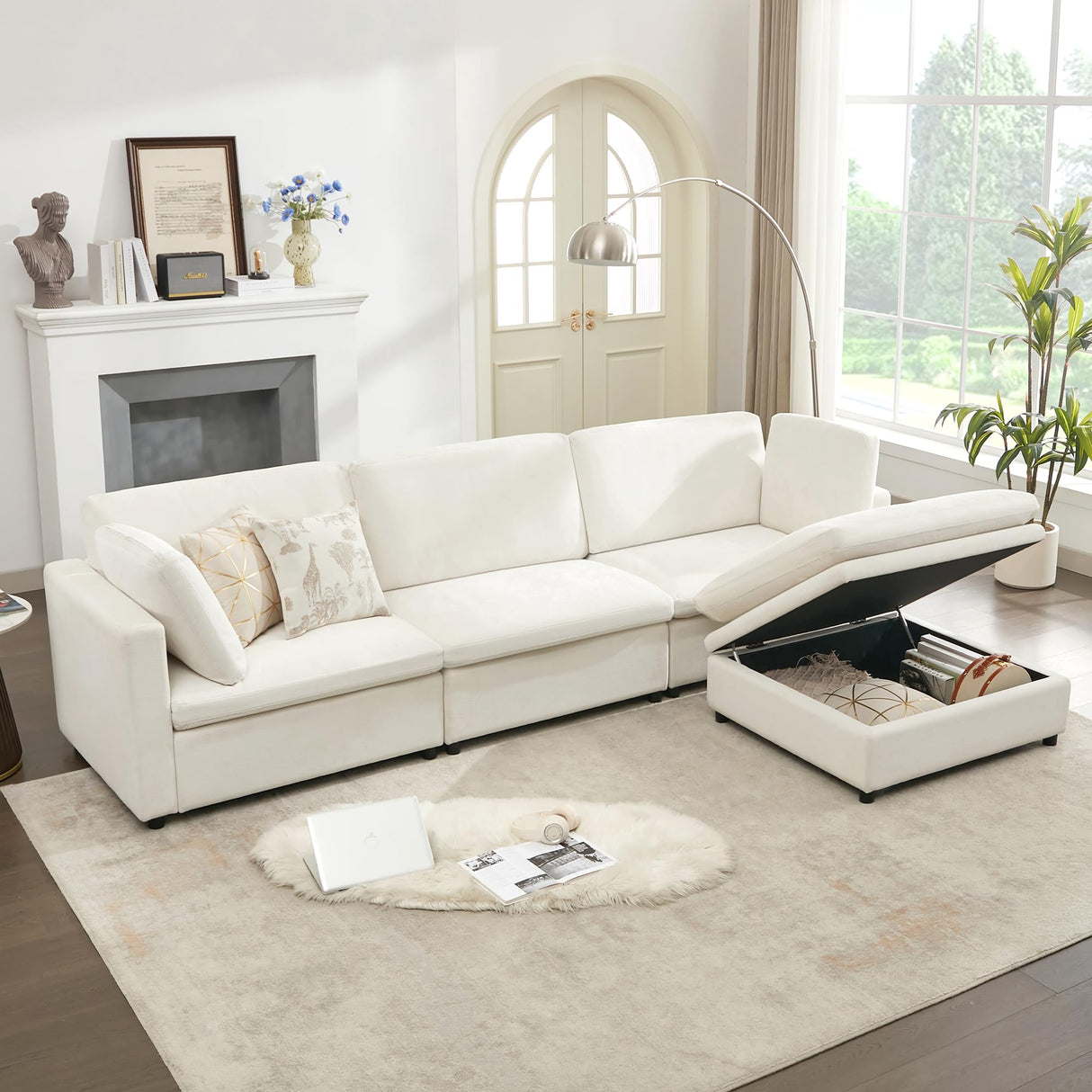 119" Down Filled Sectional Couch with Storage Ottoman