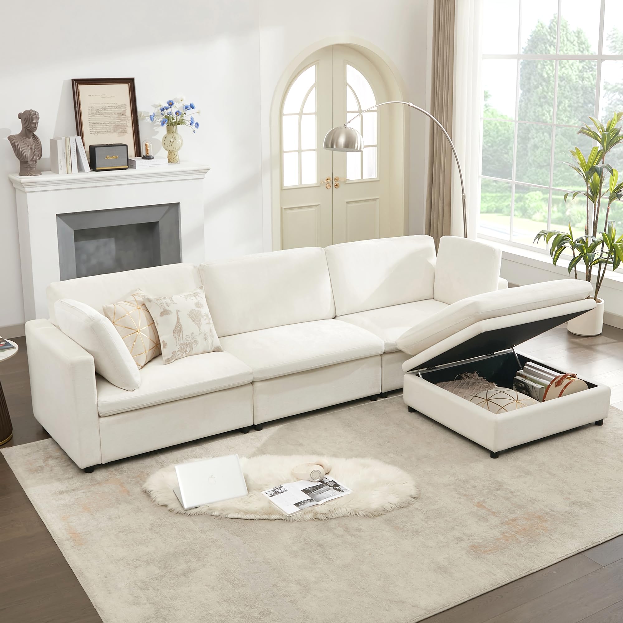 119" Down Filled Sectional Couch with Storage Ottoman