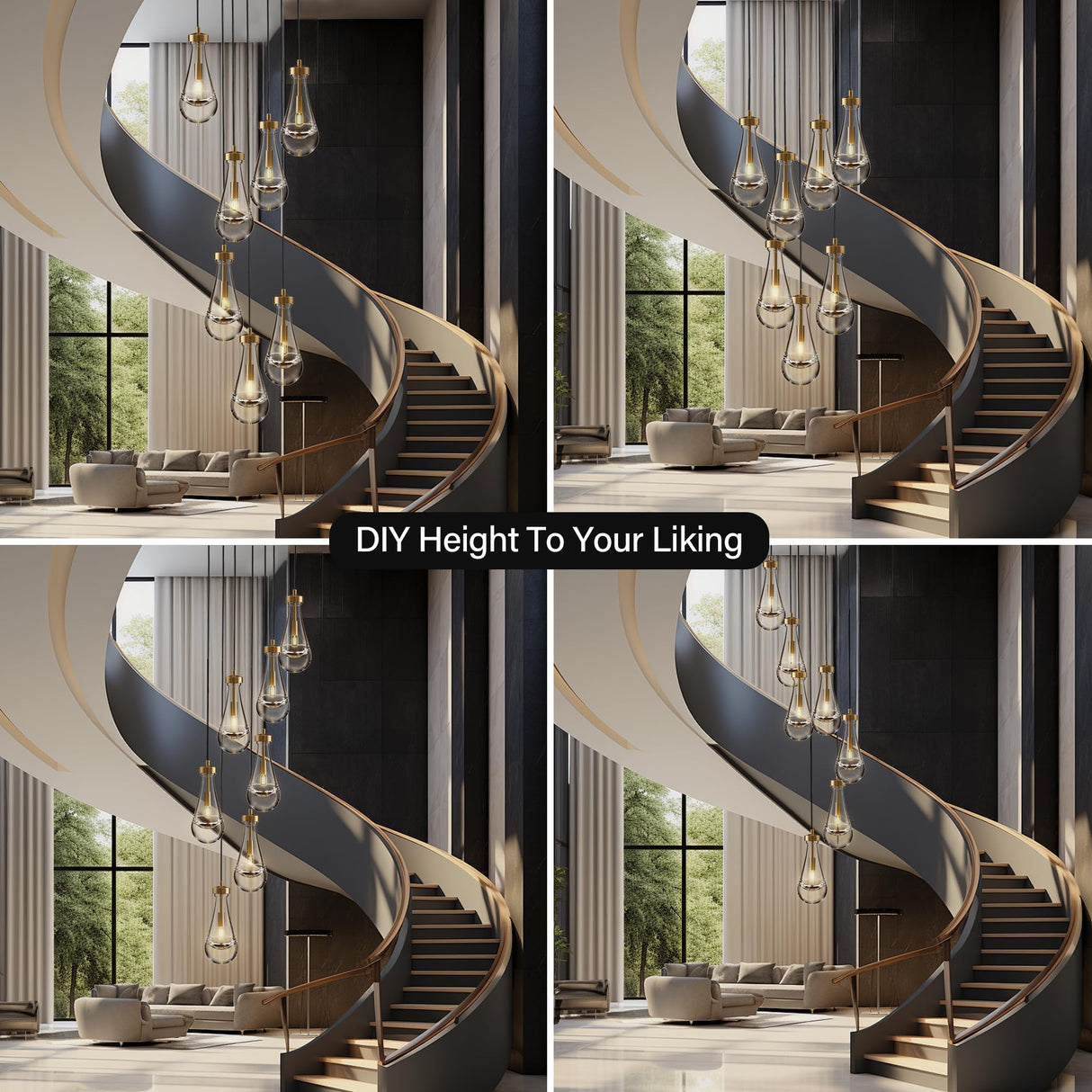 YUEXPAND H100'' High Ceiling Chandelier for Entryway,Modern Raindrop Chandeliers for Living Room,Brass 7 Light Adjustable Rope Teardrop Pendant Lights Kitchen Island for Hallway/Staircase