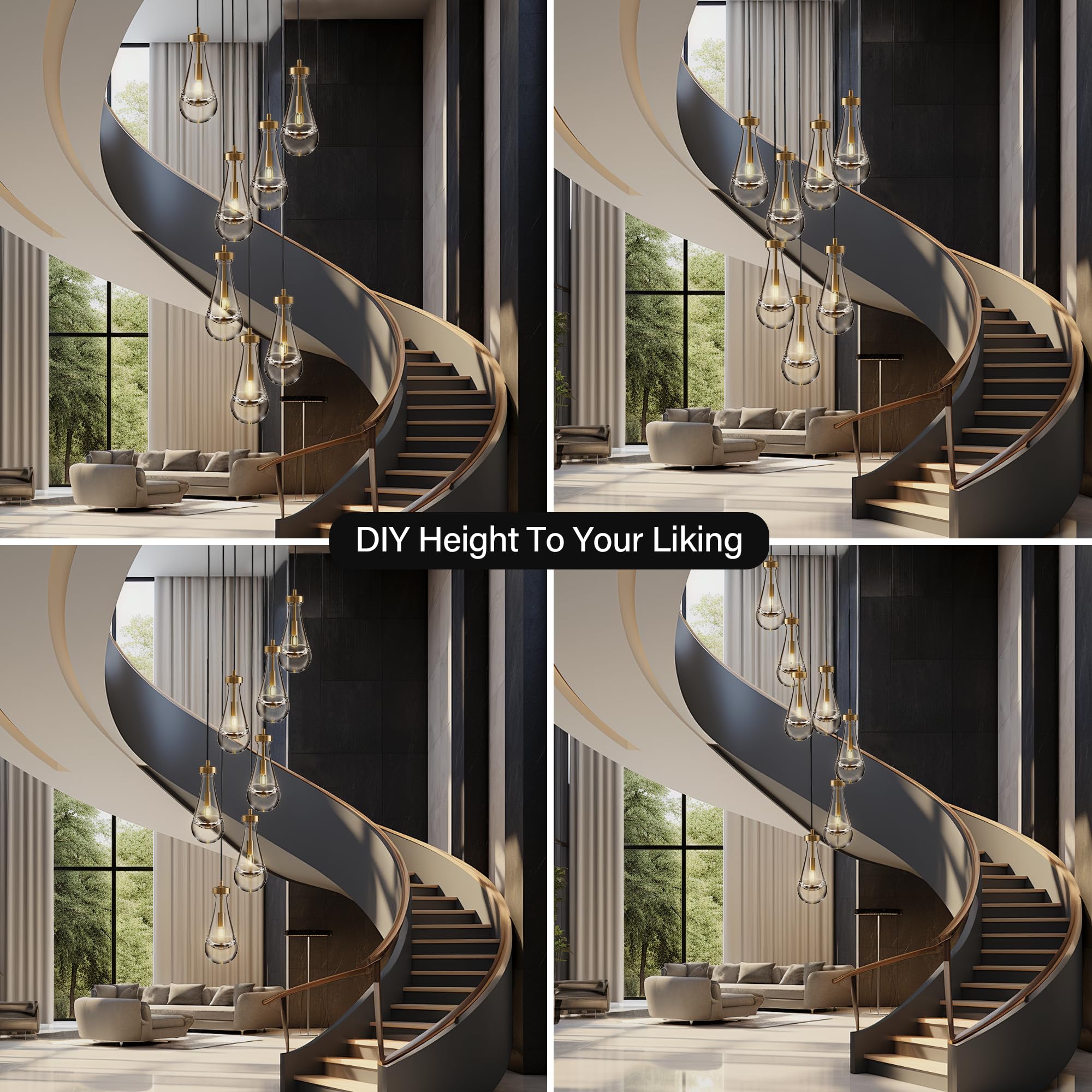 YUEXPAND H100'' High Ceiling Chandelier for Entryway,Modern Raindrop Chandeliers for Living Room,Brass 7 Light Adjustable Rope Teardrop Pendant Lights Kitchen Island for Hallway/Staircase