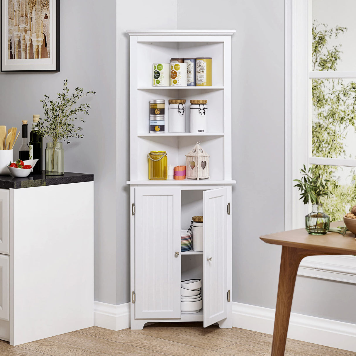 Tall Bathroom Corner Cabinet, Slim Floor Storage Bathroom Cabinet with Doors and Hutch