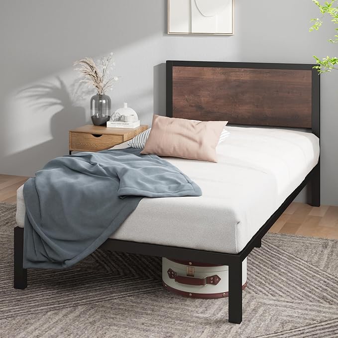 Metal Platform Bed Frame with Split Headboard, Wood Slat Support, No Box Spring Needed,